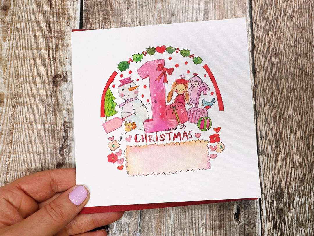 "First Christmas Baby Girl Toys" Christmas Card - Personalised
