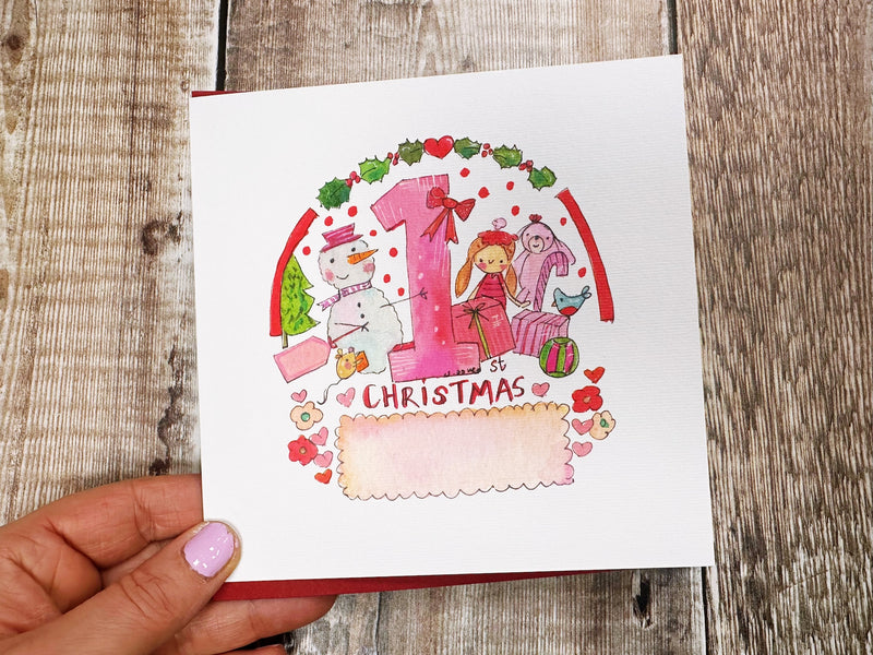 "First Christmas Baby Girl Toys" Christmas Card - Personalised
