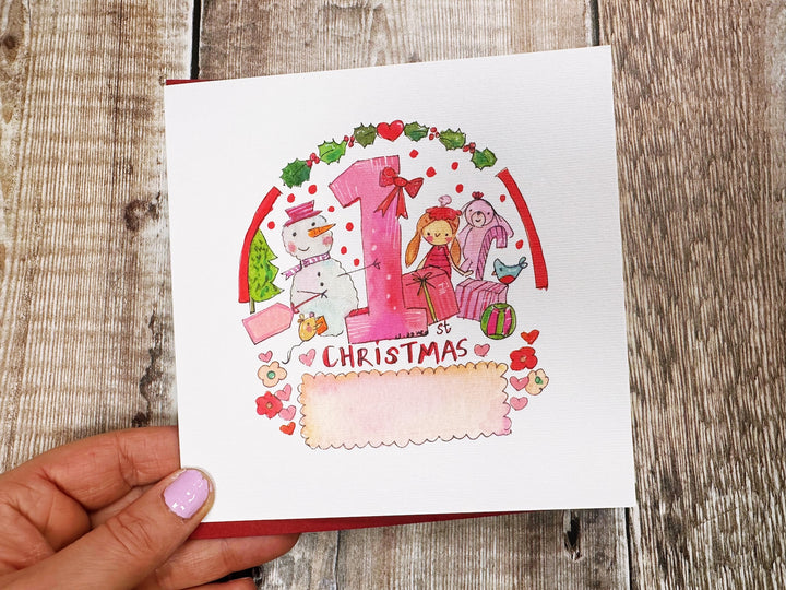 "First Christmas Baby Girl Toys" Christmas Card - Personalised