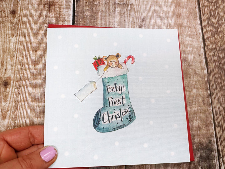 "First Christmas Baby Boy Stocking" Christmas Card - Personalised