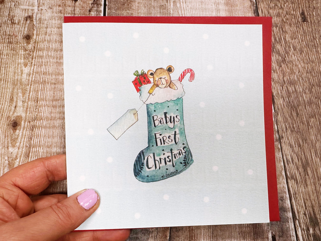 "First Christmas Baby Boy Stocking" Christmas Card - Personalised