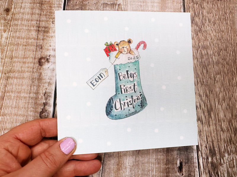 "First Christmas Baby Boy Stocking" Christmas Card - Personalised