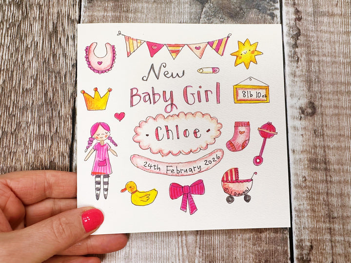 Baby Girl Little Icons Personalised Card