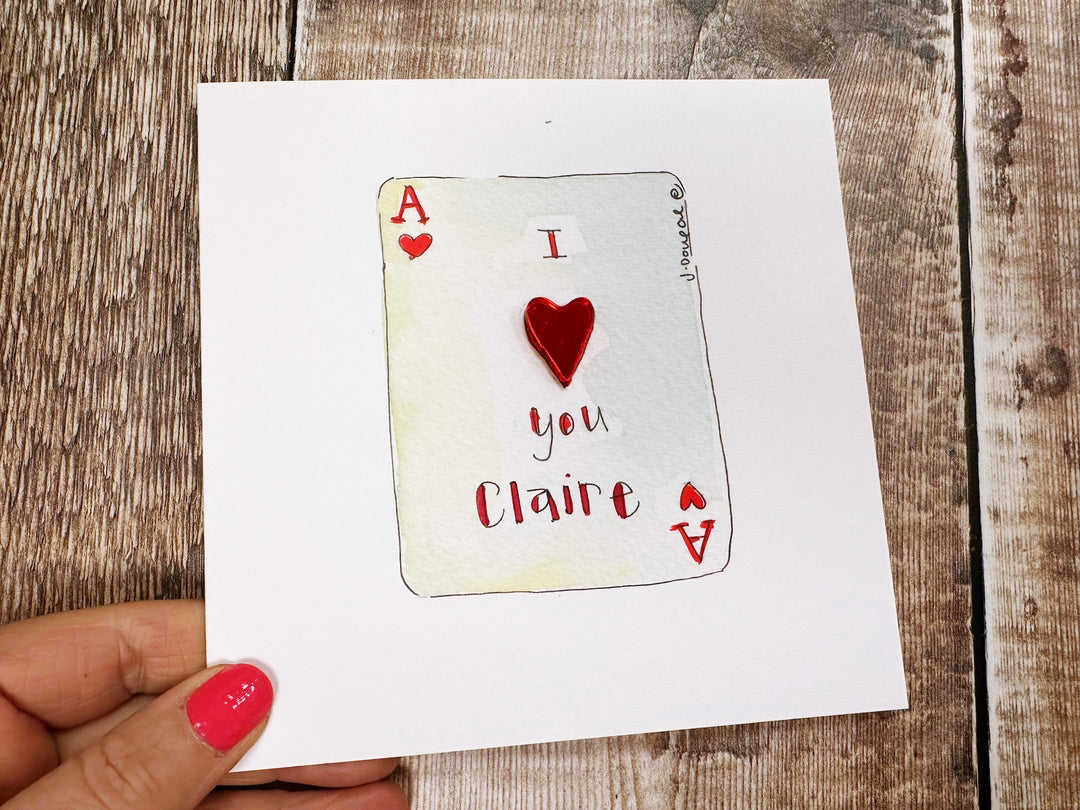 Ace of Hearts I Love you embellished Card - Personalised