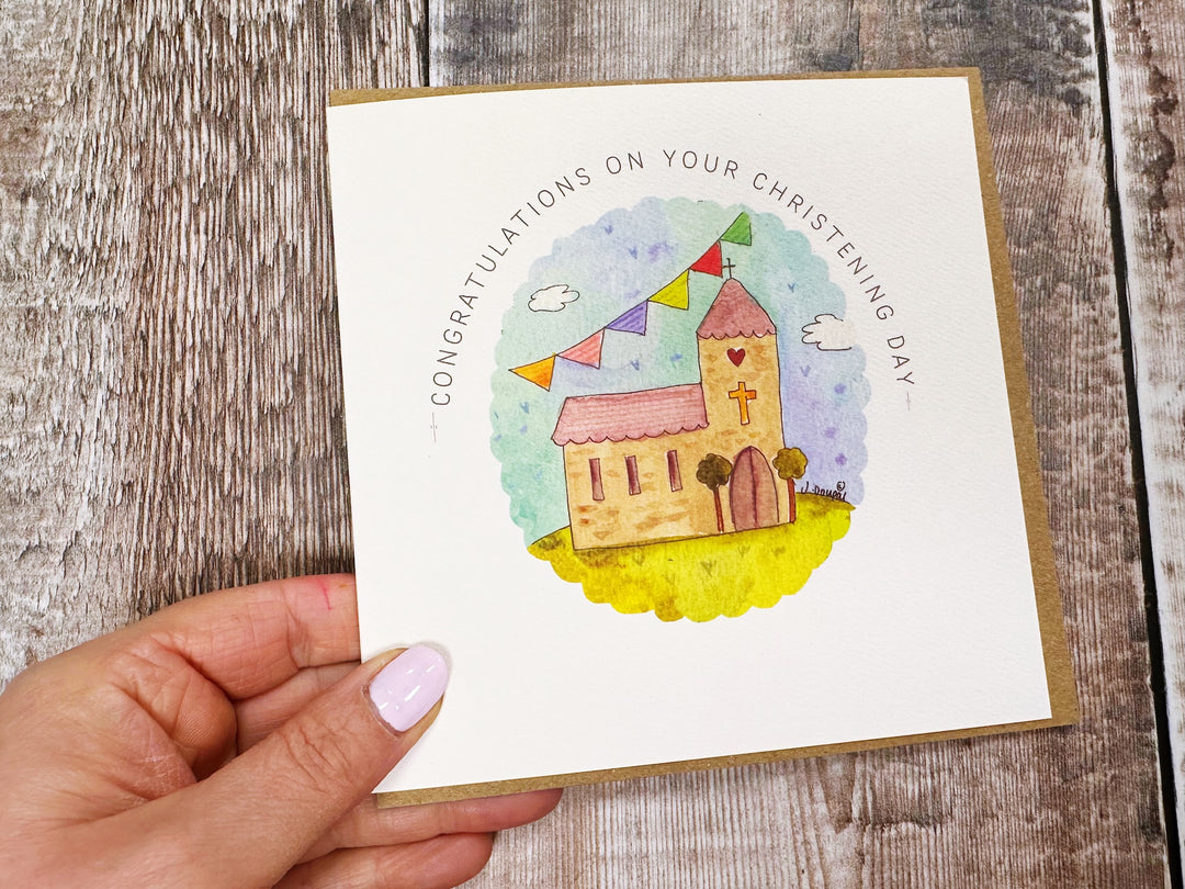 Vintage Cute Christening Day Little Church Card- Personalised