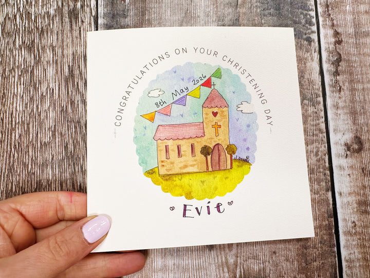 Vintage Cute Christening Day Little Church Card- Personalised