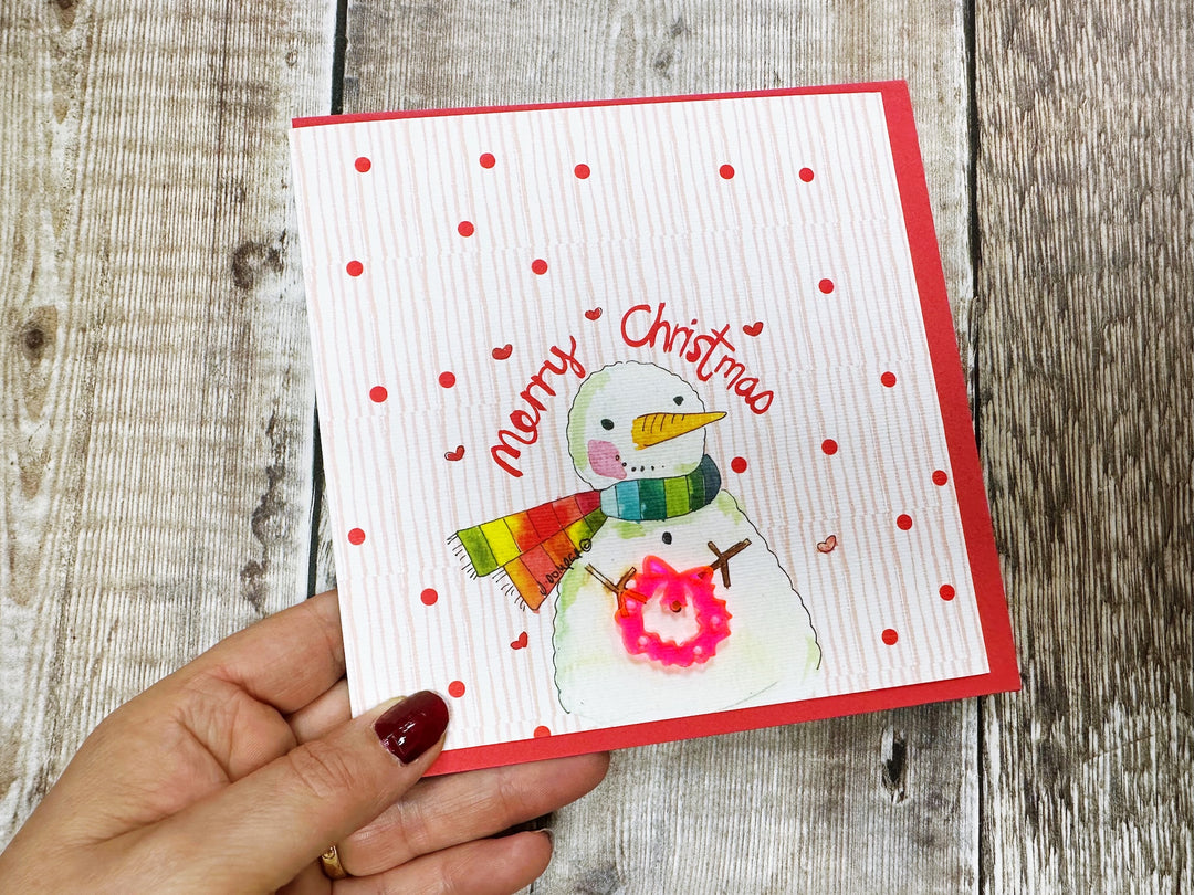 Snowman with Wreath Personalised Christmas Card