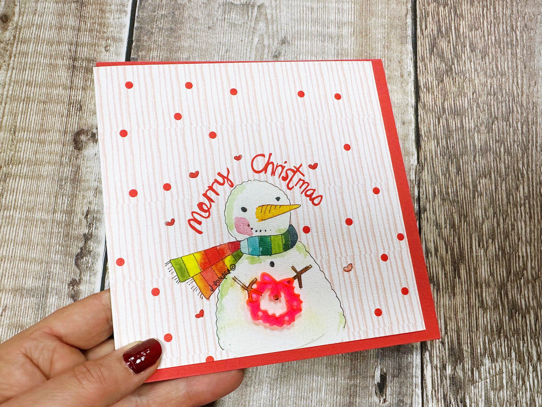 Snowman with Wreath Personalised Christmas Card