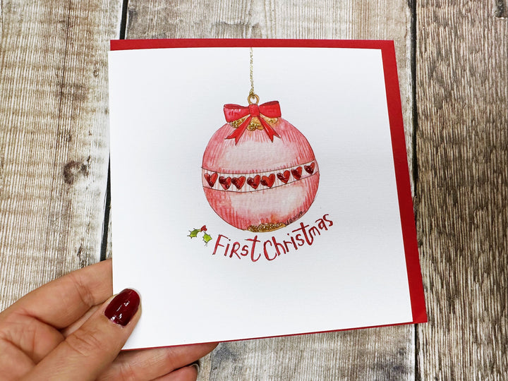 "First Christmas Baby Girl Bauble" Christmas Card - Personalised