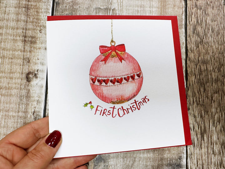 "First Christmas Baby Girl Bauble" Christmas Card - Personalised