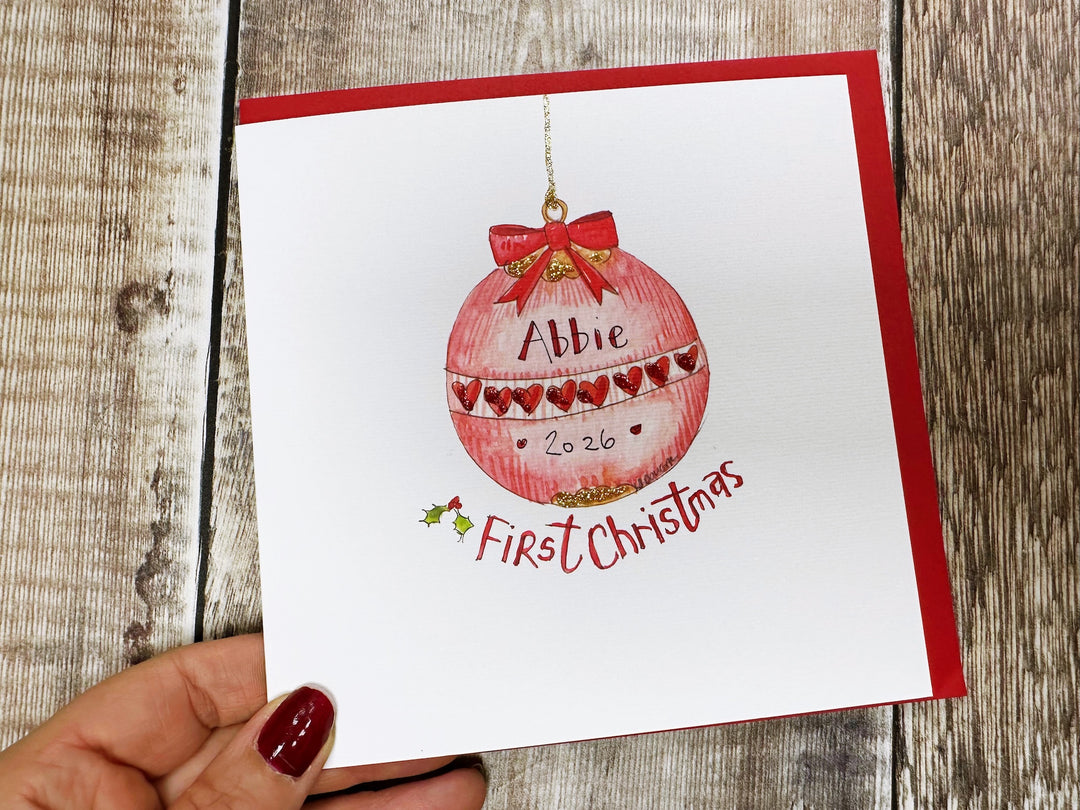 "First Christmas Baby Girl Bauble" Christmas Card - Personalised