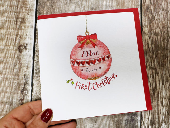 "First Christmas Baby Girl Bauble" Christmas Card - Personalised