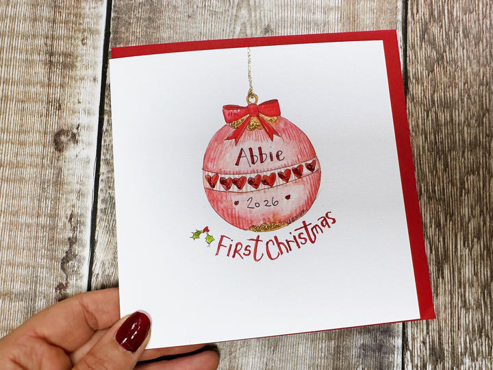 "First Christmas Baby Girl Bauble" Christmas Card - Personalised