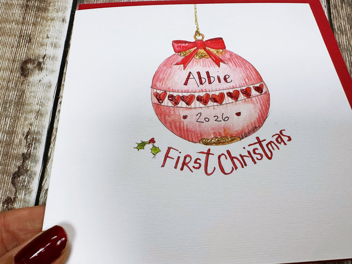 "First Christmas Baby Girl Bauble" Christmas Card - Personalised