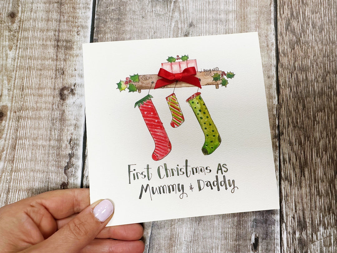 "First Christmas Stockings Mummy and Daddy" Christmas Card - Personalised