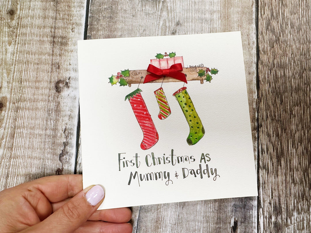 "First Christmas Stockings Mummy and Daddy" Christmas Card - Personalised