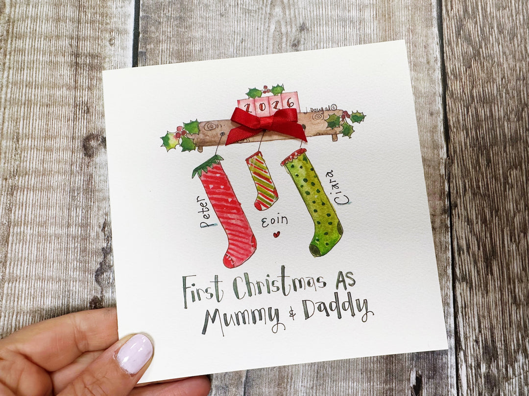 "First Christmas Stockings Mummy and Daddy" Christmas Card - Personalised