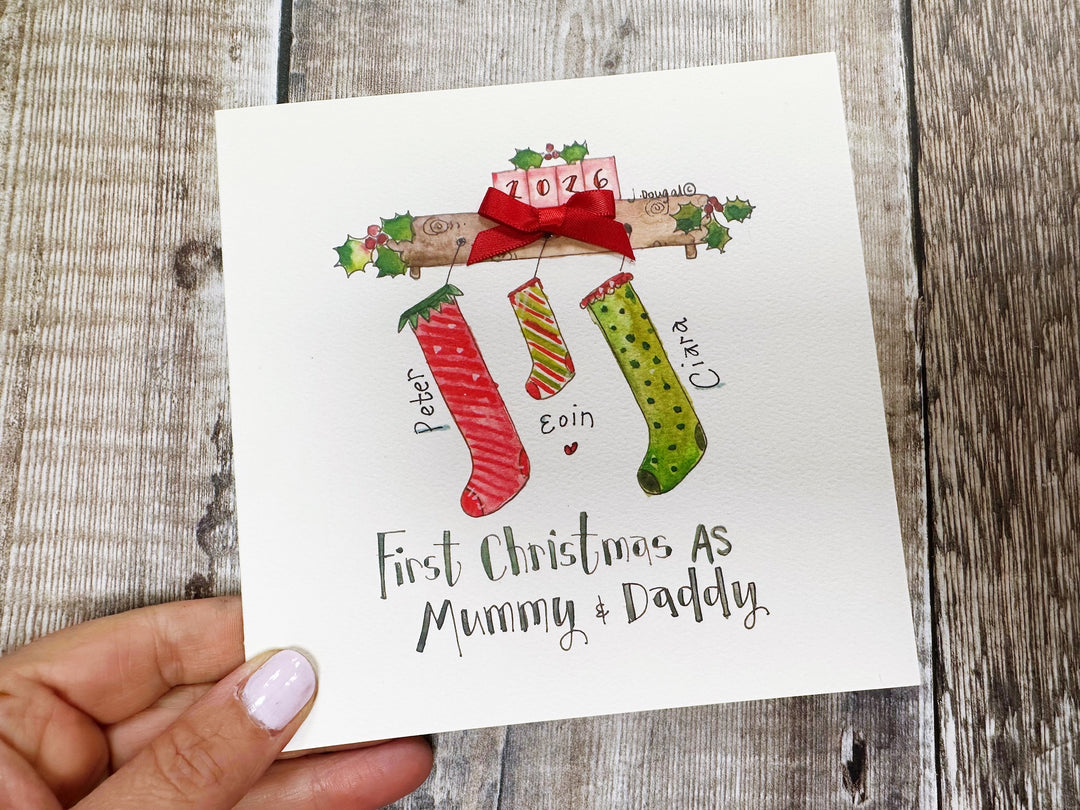 "First Christmas Stockings Mummy and Daddy" Christmas Card - Personalised