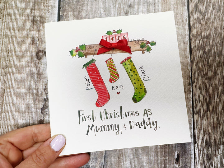 "First Christmas Stockings Mummy and Daddy" Christmas Card - Personalised