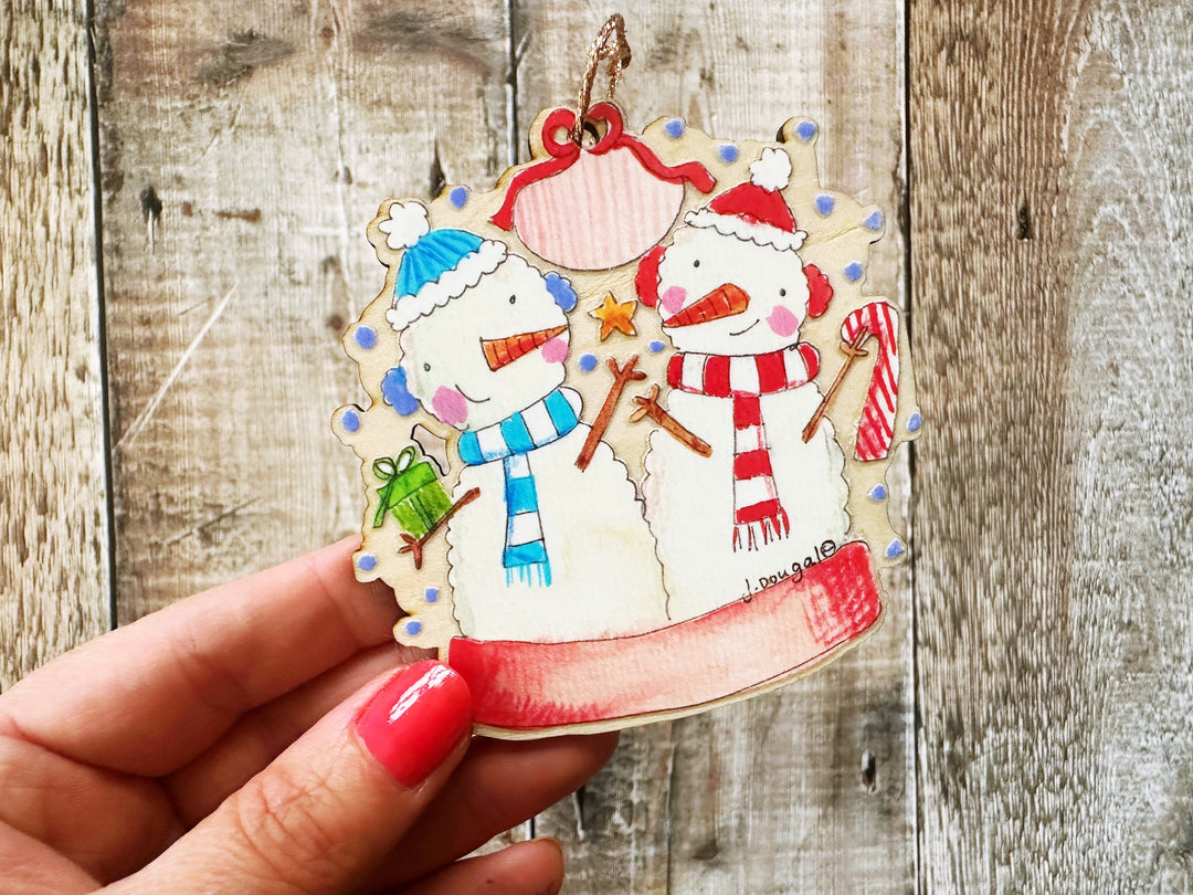 2 Snowmen Wooden Hanging Christmas Decoration
