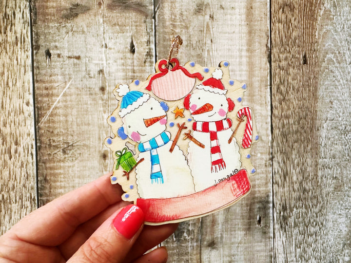 2 Snowmen Wooden Hanging Christmas Decoration