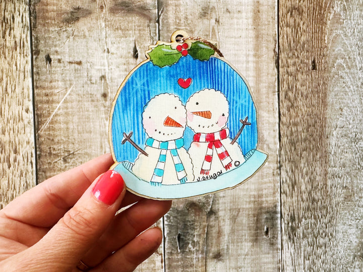 2 snowmen in globe Wooden Hanging Christmas Decoration