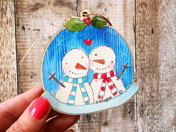 2 snowmen in globe Wooden Hanging Christmas Decoration
