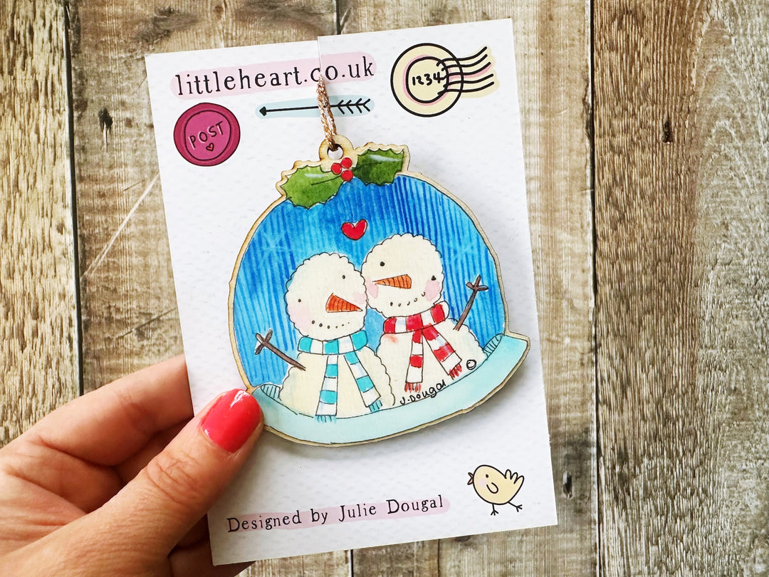 2 snowmen in globe Wooden Hanging Christmas Decoration
