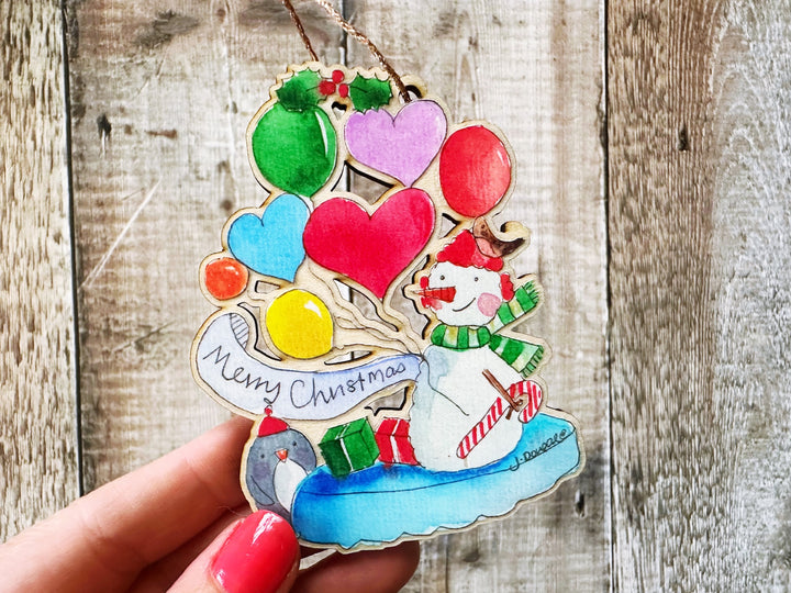 Snowman Balloons Wooden Hanging Christmas Decoration