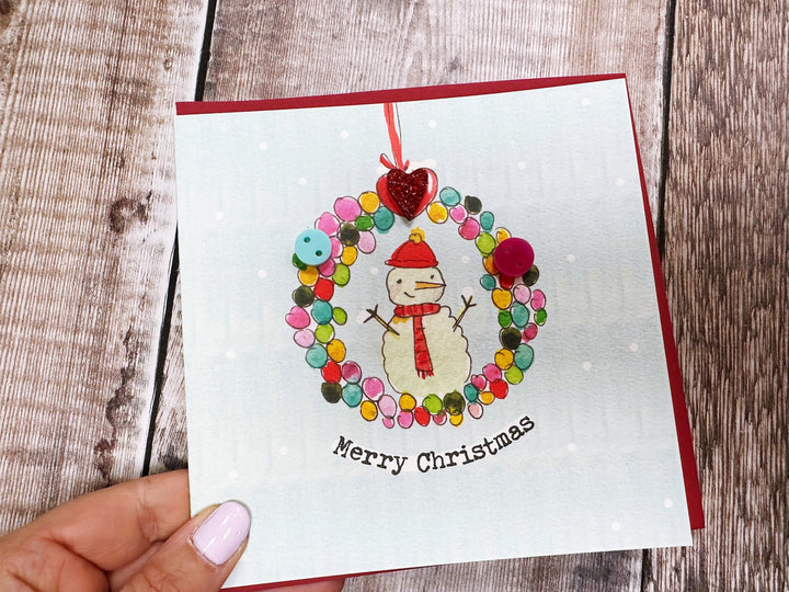 Button Snowman Wreath Christmas Card - Personalised