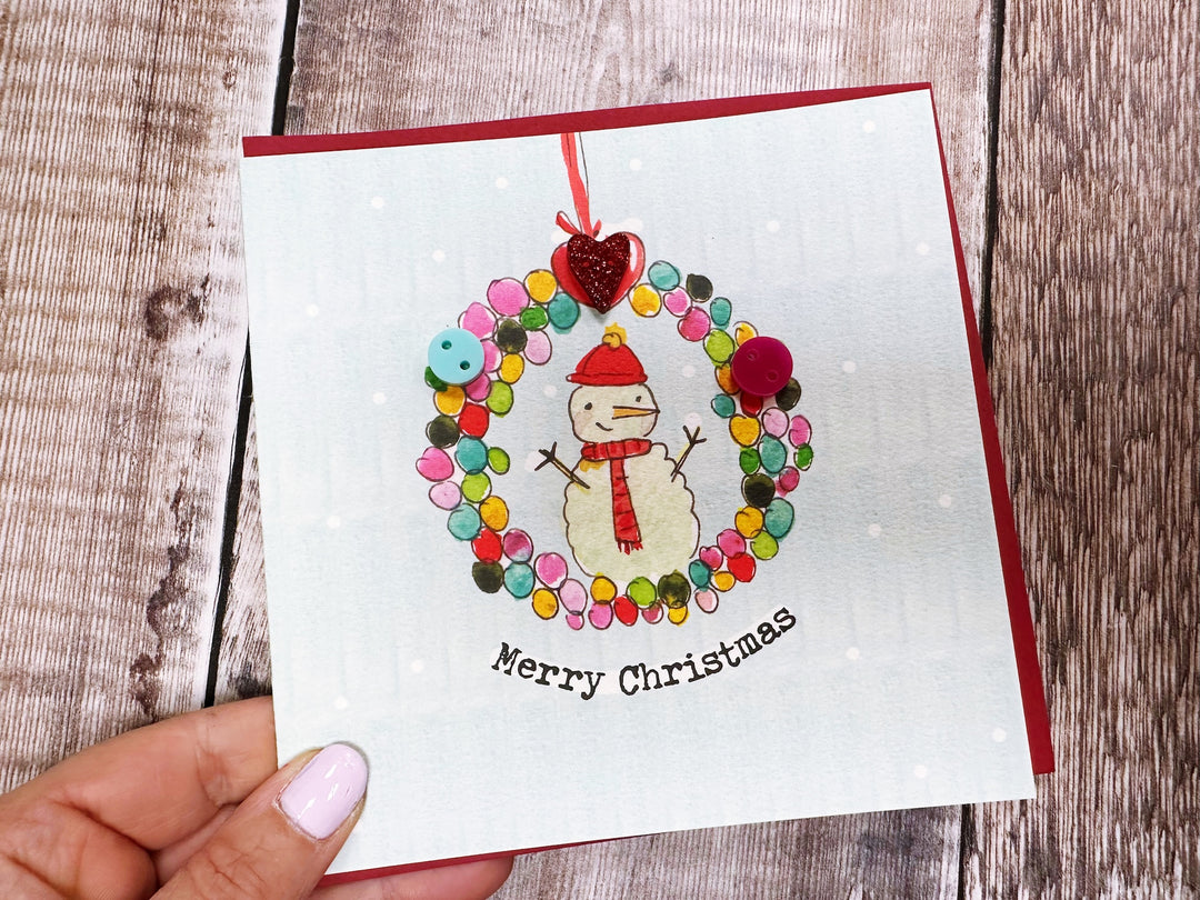 Button Snowman Wreath Christmas Card - Personalised