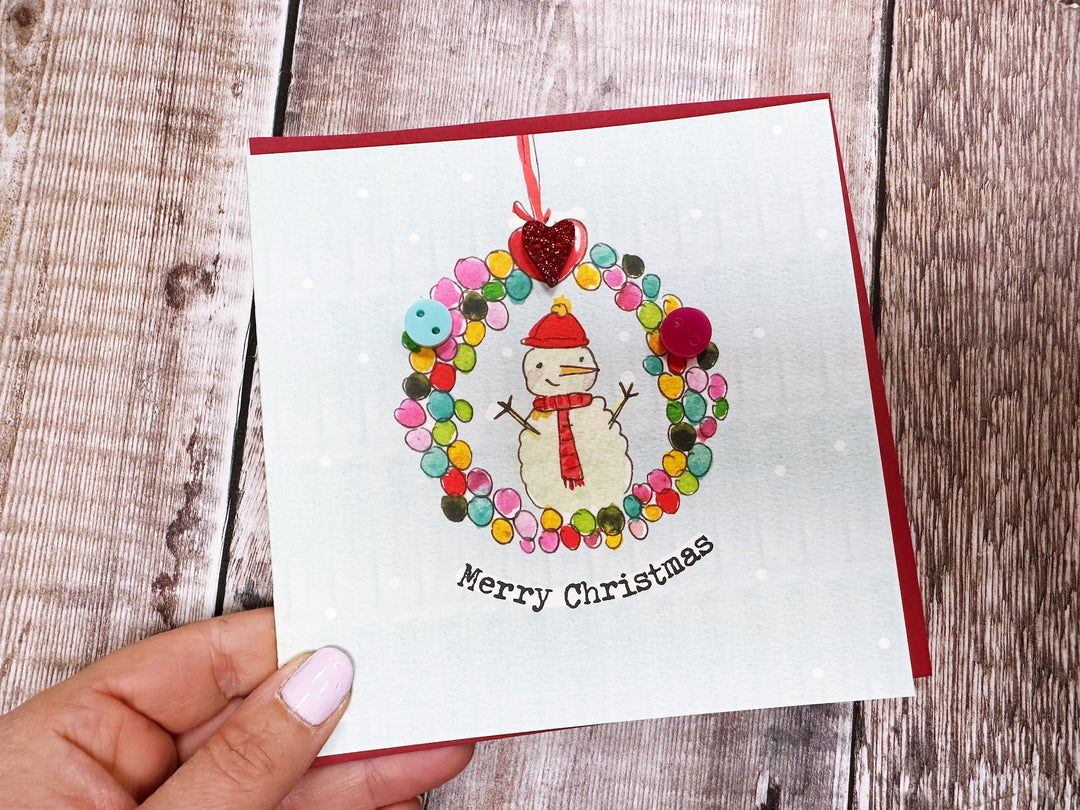 Button Snowman Wreath Christmas Card - Personalised