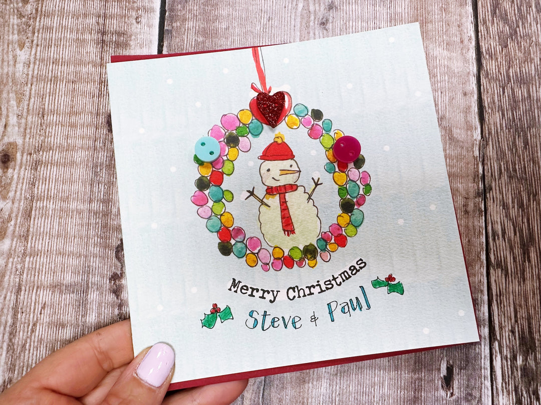 Button Snowman Wreath Christmas Card - Personalised