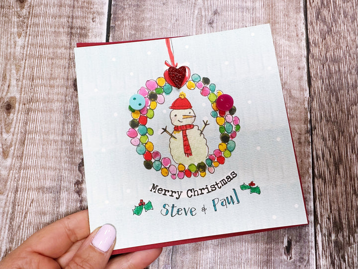 Button Snowman Wreath Christmas Card - Personalised
