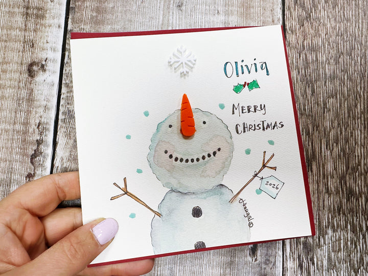 Snowman with Wreath Personalised Christmas Card