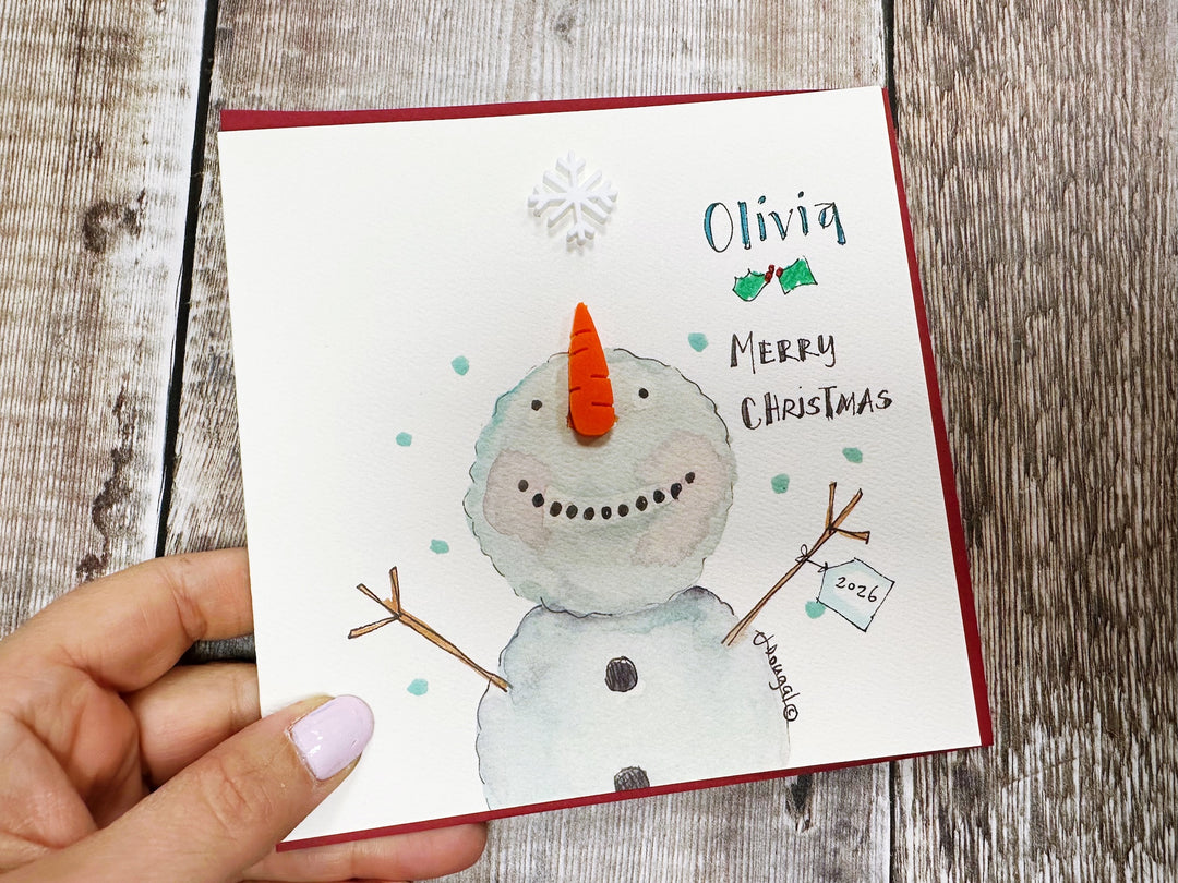 Snowman with Wreath Personalised Christmas Card