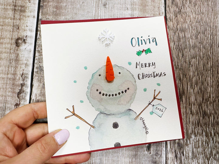 Snowman with Wreath Personalised Christmas Card