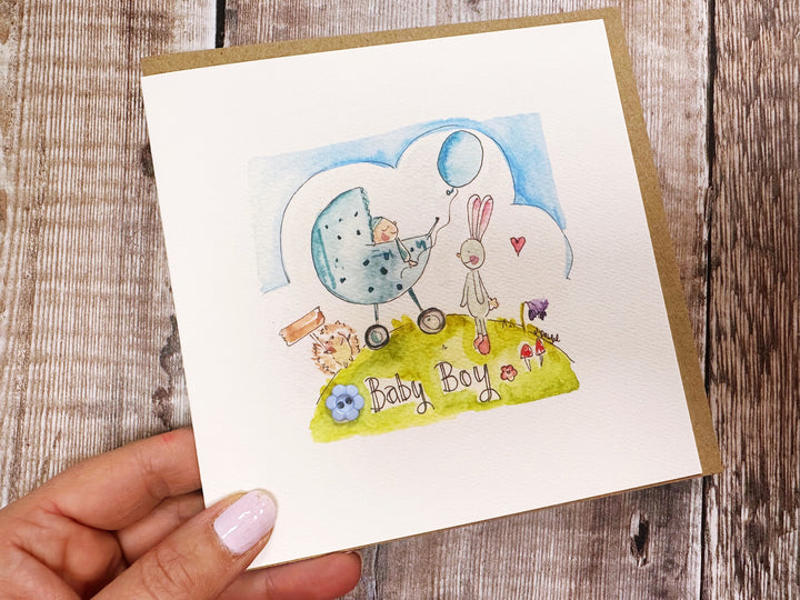 Personalised Blue Pram Baby Gift – Framed Print or Keepsake Card
