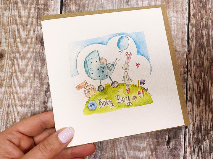 Personalised Blue Pram Baby Gift – Framed Print or Keepsake Card