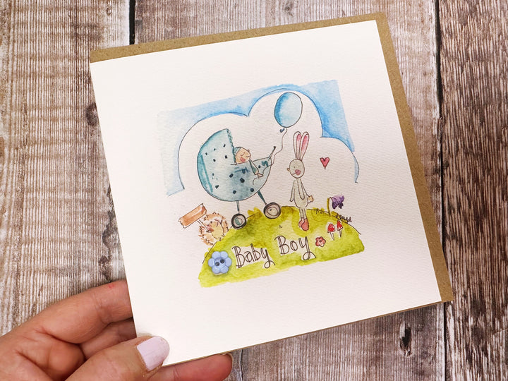 Personalised Blue Pram Baby Gift – Framed Print or Keepsake Card