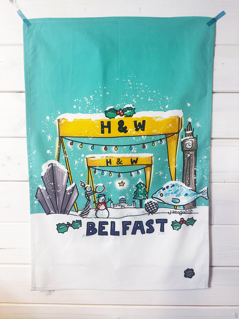 Christmas Belfast Teatowel with Harland and Wolff Cranes