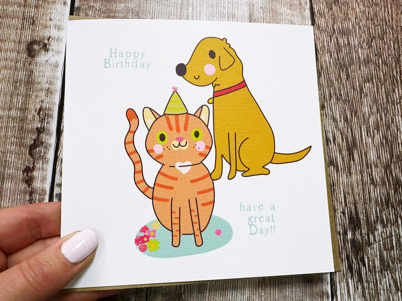 Cat and Dog Birthday Card - Personalised