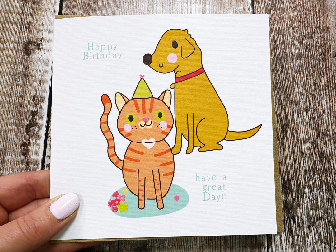 Cat and Dog Birthday Card - Personalised