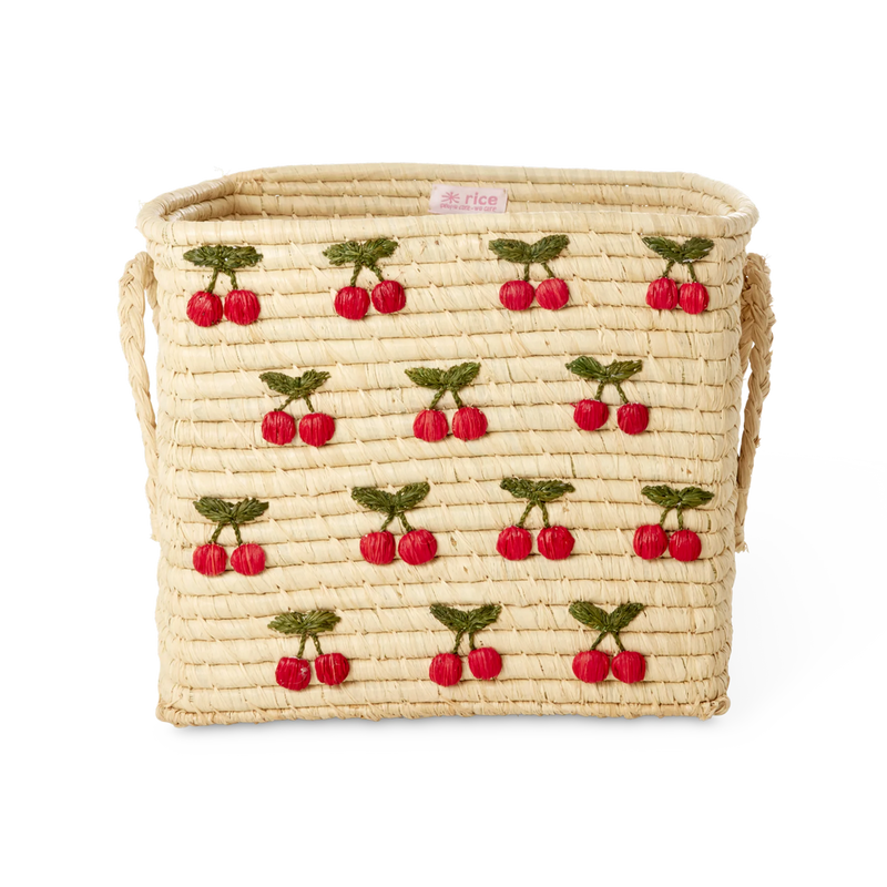 Rice by Rice Square Raffia Basket - Natural - Small Cherries All Over Design