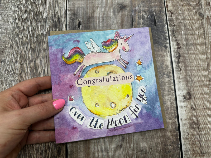 Unicorn Over the moon for you Congratuations Card- Personalised