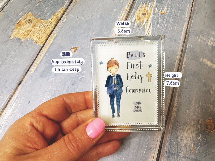 Cute Boy First Holy Communion Personalised Glass Block Keepsake