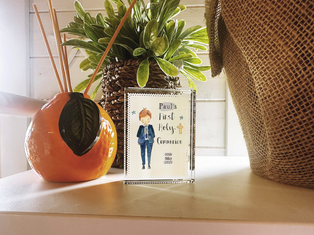 Cute Boy First Holy Communion Personalised Glass Block Keepsake