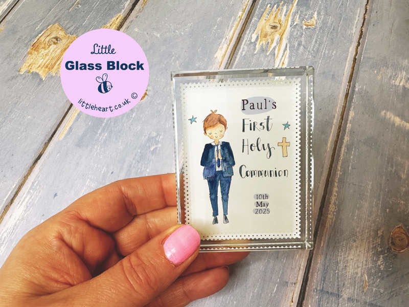 Cute Boy First Holy Communion Personalised Glass Block Keepsake