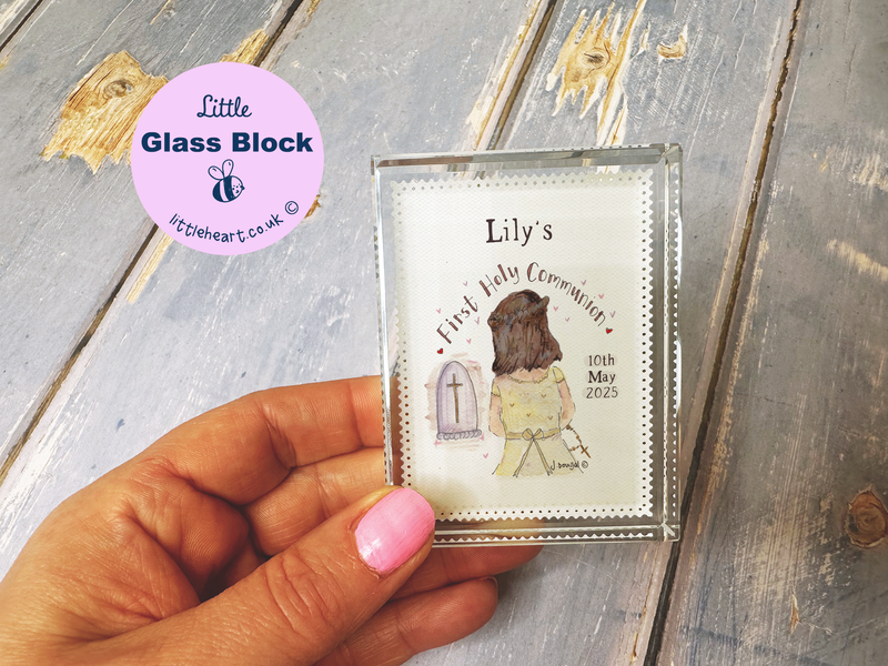 Praying Girl First Holy Communion Personalised Glass Block Keepsake