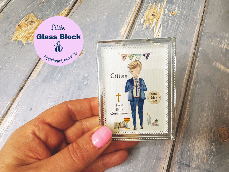 Boy First Holy Communion Personalised Glass Block Keepsake